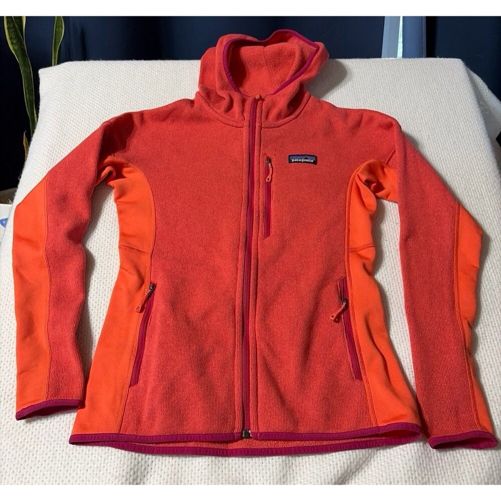 Patagonia Women’s Small Hooded Full-Zip Fleece Jacket Orange Coral Colorblock